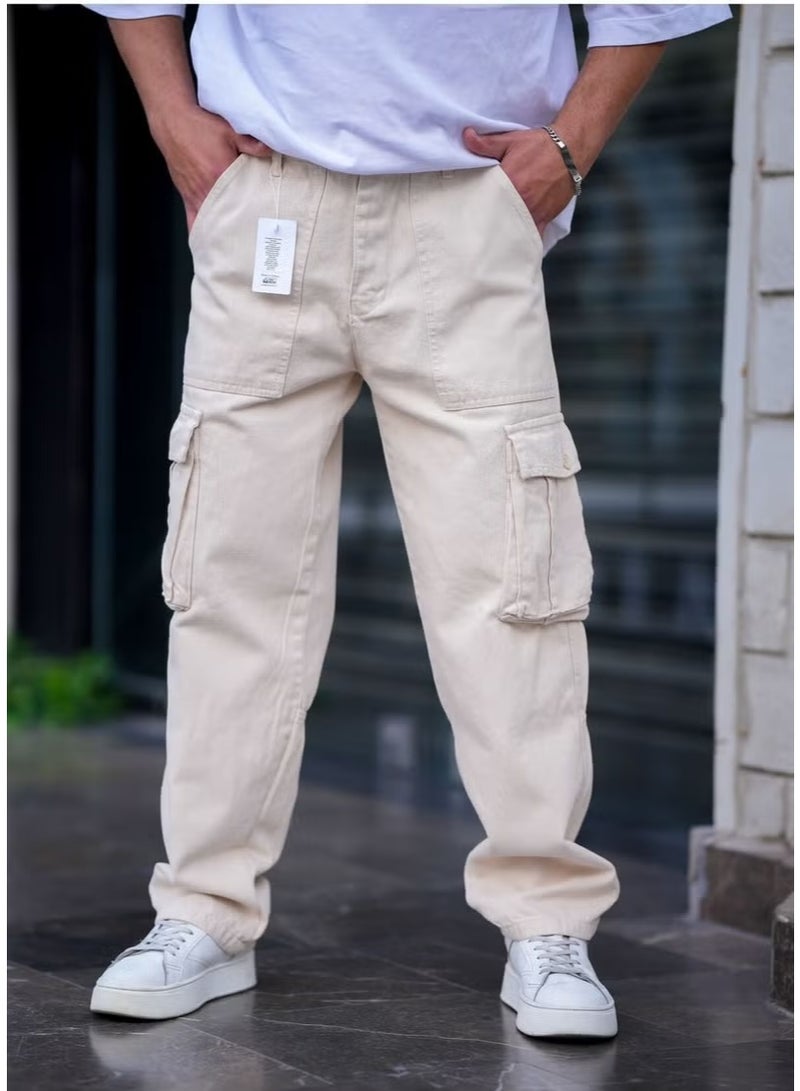 Cool Tarz Cool Style Men's Cargo Pocket Baggy Pants Cream Color - Image 1